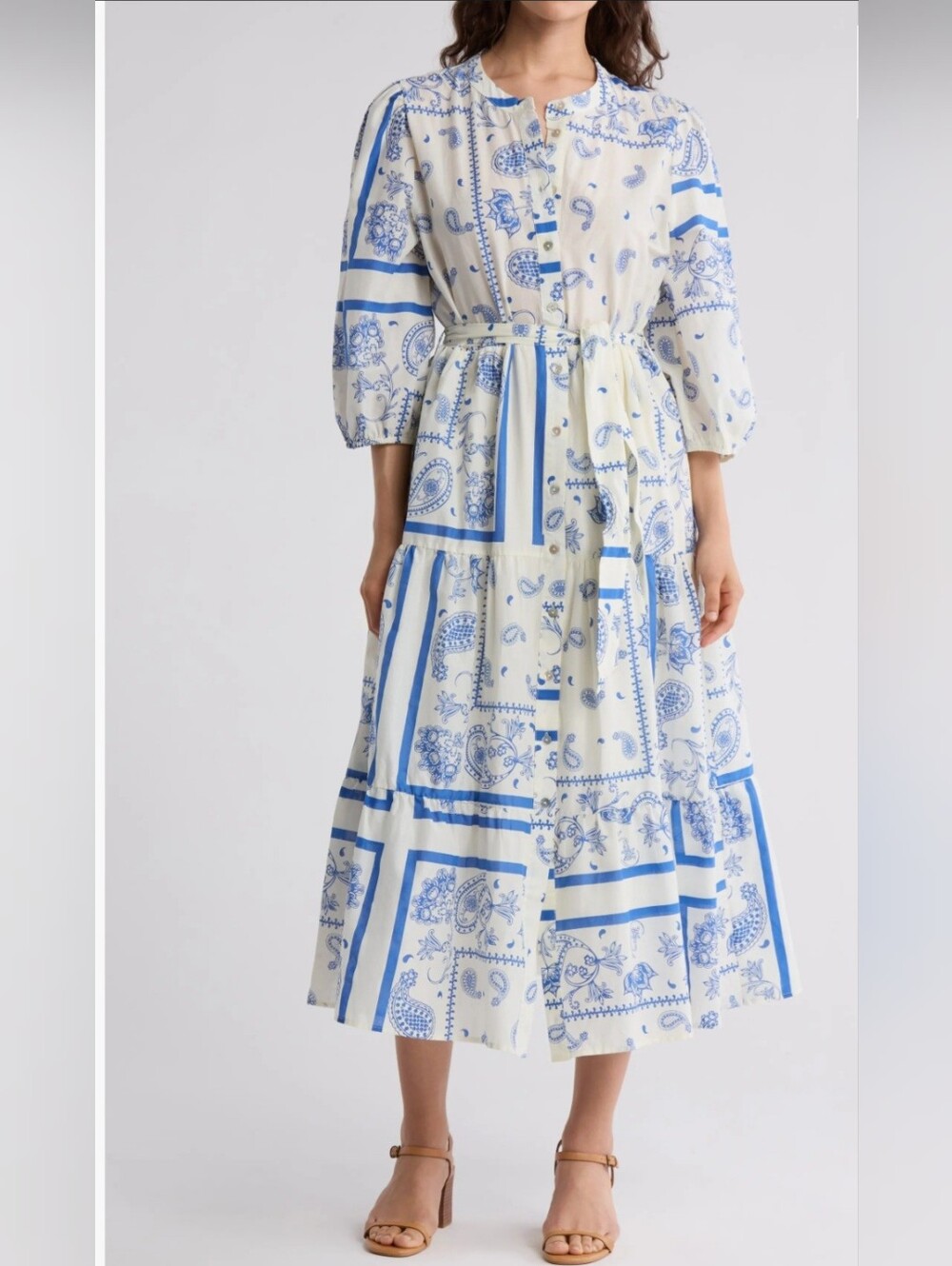 Ellen Tracy Blue and White Bandana-Print Midi Dress